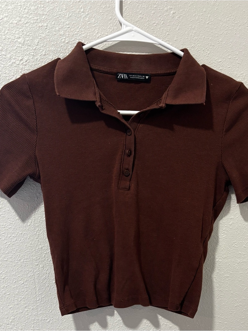 Zara Brown Ribbed Short Sleeve Polo Tee